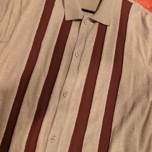 Express Mens Striped Cotton Short Sleeve Sweater Polo Button Down In Cream/Brown
